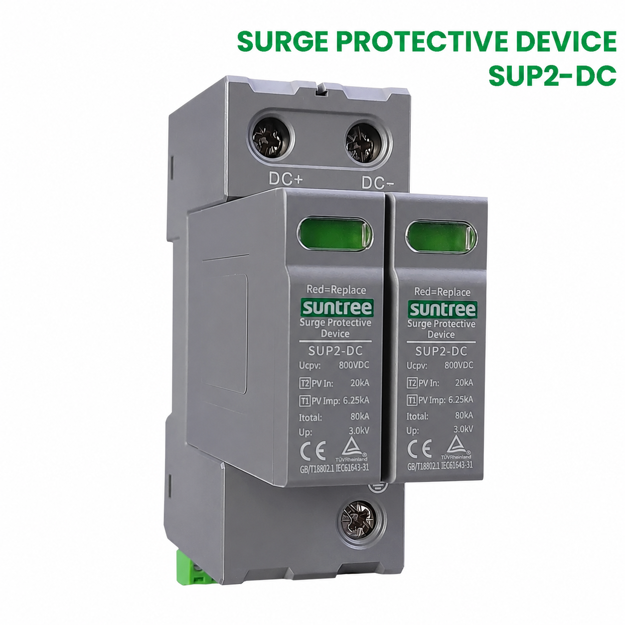 อุปกรณ์ Suntree SUP2-DC แสดงตำแหน่งขั้ว DC บวก กราวด์ และ DC ลบ